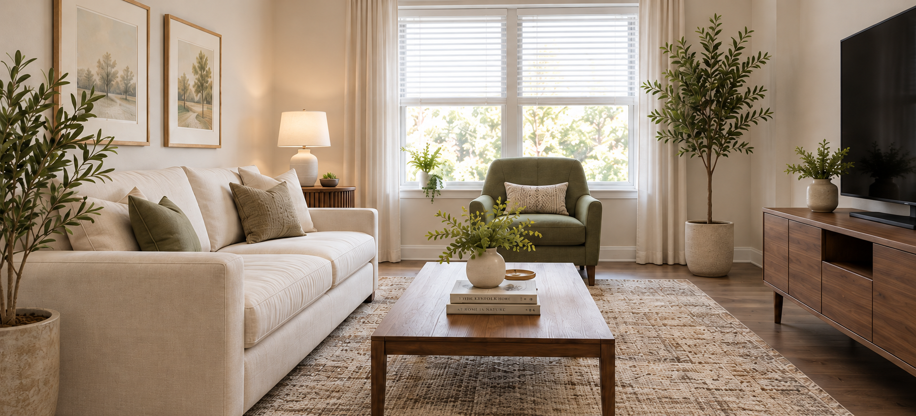 Ivory upholstery, olive accents and natural wood